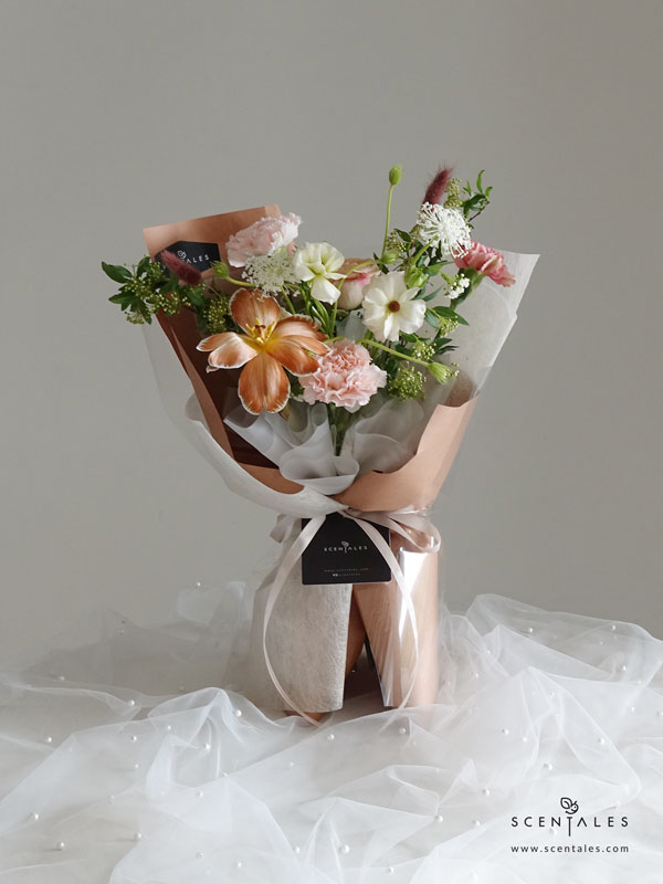 Always There Fresh Flower Bouquet Fresh flower bouquet with caramel tulip , cappuccino rose , love of cuba carnation , light pink carnation , pink ranunculus butterfly , white trachymene , maroon bunny tail , white spray carnation and spiraea