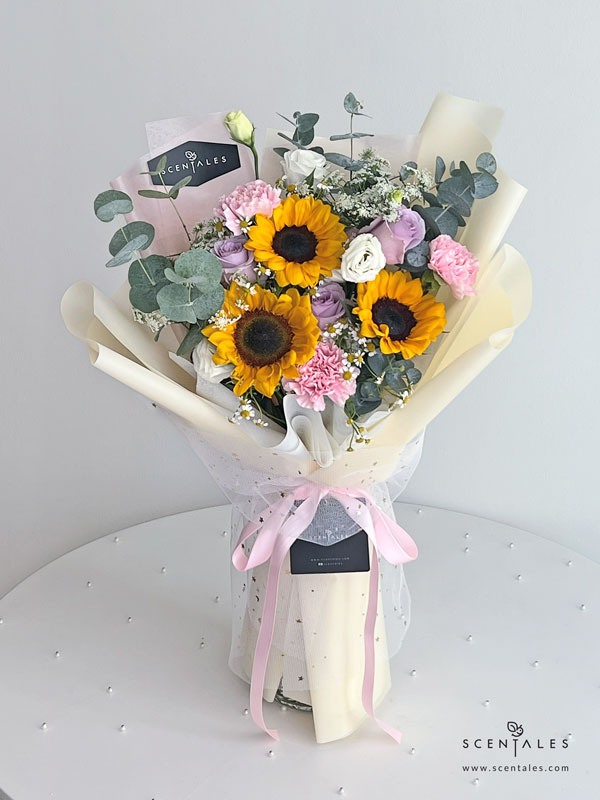 Glisten Flower Bouquet Fresh flower bouquet with Sunflower, pink carnation, lilac rose, white eustoma, ammi majus, chamomile and eucalyptus