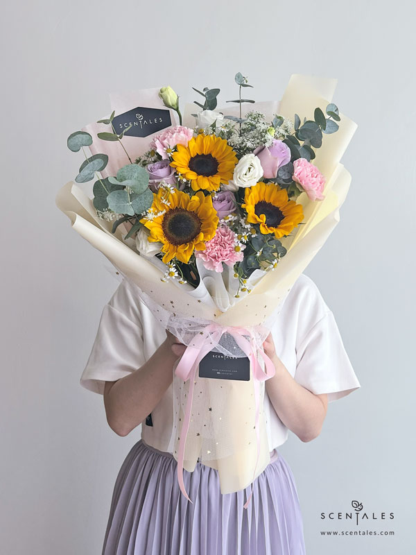Glisten Flower Bouquet Fresh flower bouquet with Sunflower, pink carnation, lilac rose, white eustoma, ammi majus, chamomile and eucalyptus
