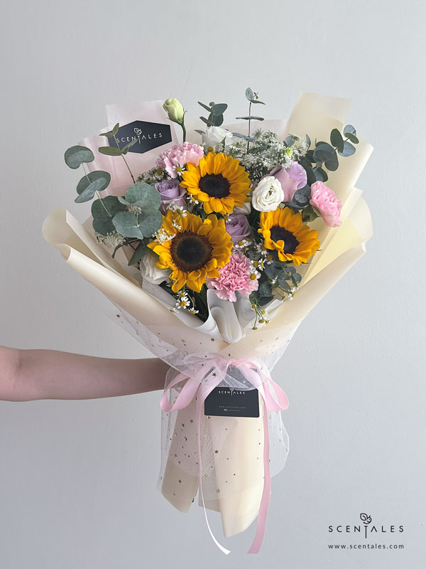 Glisten Flower Bouquet Fresh flower bouquet with Sunflower, pink carnation, lilac rose, white eustoma, ammi majus, chamomile and eucalyptus