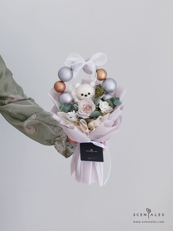 Frosty Friends Bear Fresh flower bouquet with White pingpong, menta rose, white spray carnation, dusty miller, chistmas ball small, chistmas ball big, plenty of preserved white asparagus, eucalyptus with berries and eucalyptus cinerea