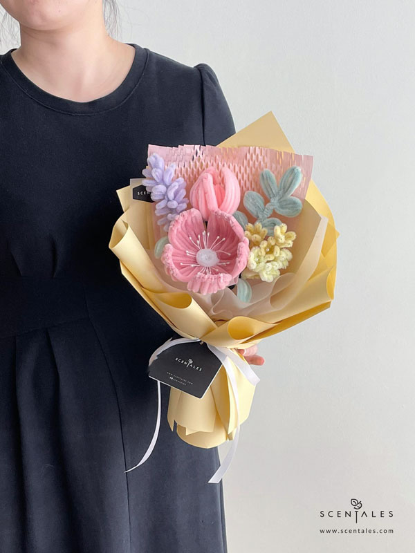 Garden Daydream Twisting Stick Flower Bouquet Twisting stick flower with Handmade pink poppy, handmade pink tulip, handmade lavender, handmade cream oxypetalum and handmade green leaf