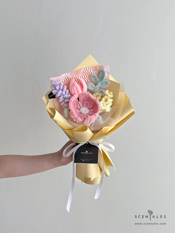 Garden Daydream Twisting Stick Flower Bouquet Twisting stick flower with Handmade pink poppy, handmade pink tulip, handmade lavender, handmade cream oxypetalum and handmade green leaf