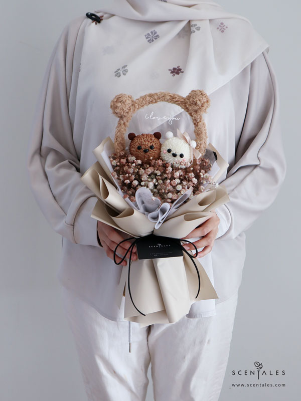 Mocha & Latte Bear Flower Bouquet Fresh flower with pingpong and plenty of baby breath.