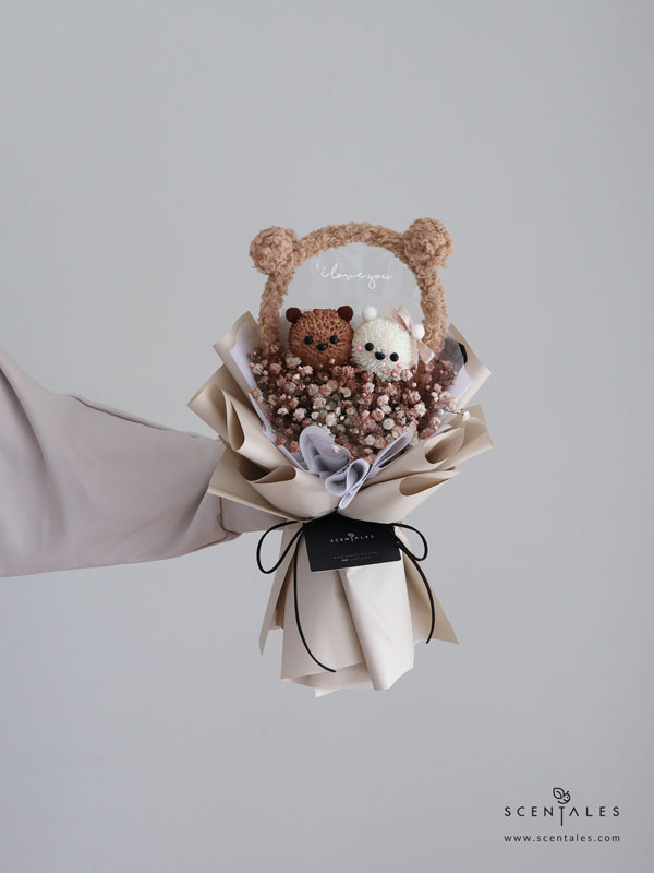 Mocha & Latte Bear Flower Bouquet Fresh flower with pingpong and plenty of baby breath.
