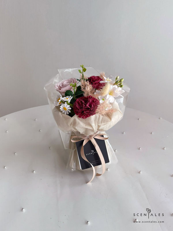 Reagan Soap Flower Bouquet Soap flower bouquet with Soap rosy latte rose, soap red carnation, soap white hydrangea, soap little daisy, soap begonia, artificial eucalyptus, bunny tail and plenty of asparagus