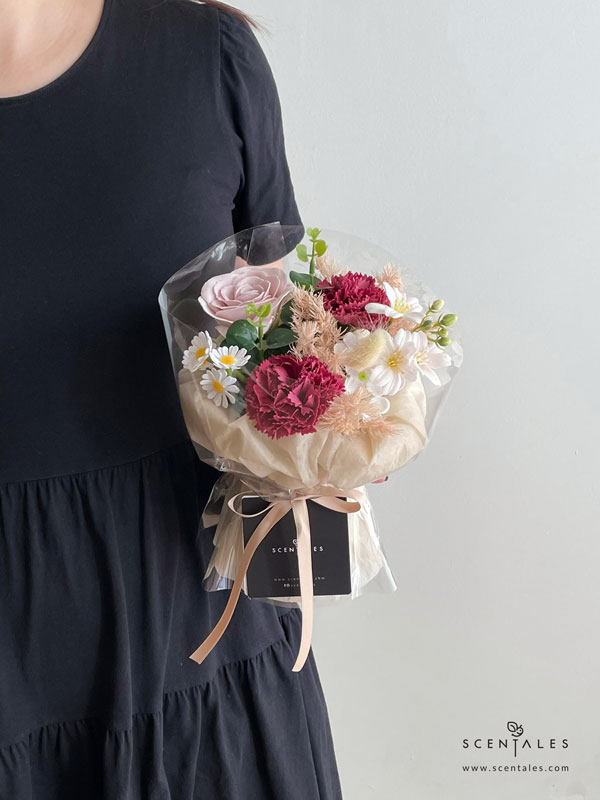 Reagan Soap Flower Bouquet Soap flower bouquet with Soap rosy latte rose, soap red carnation, soap white hydrangea, soap little daisy, soap begonia, artificial eucalyptus, bunny tail and plenty of asparagus