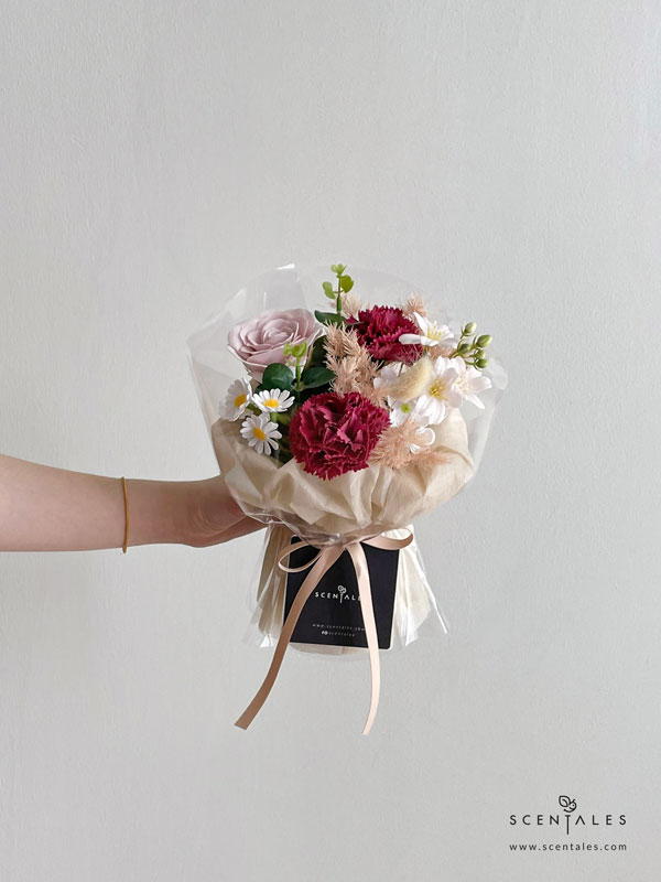 Reagan Soap Flower Bouquet Soap flower bouquet with Soap rosy latte rose, soap red carnation, soap white hydrangea, soap little daisy, soap begonia, artificial eucalyptus, bunny tail and plenty of asparagus