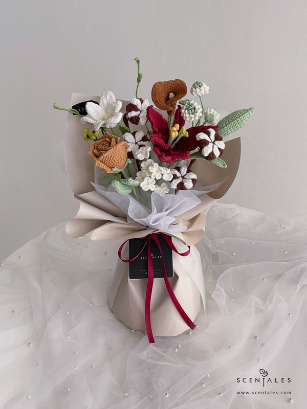 Threads of Love Crochet Flower Bouquet Crochet flower bouquet Crochet maroon lily, crochet brown rose, crochet white/khaki tulip, crochet white baby breath, crochet green baby breath, crochet cotton flower, crochet brown calla lily, crochet white small flower and crochet green line leaf