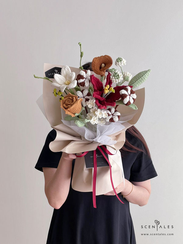 Threads of Love Crochet Flower Bouquet Crochet flower bouquet Crochet maroon lily, crochet brown rose, crochet white/khaki tulip, crochet white baby breath, crochet green baby breath, crochet cotton flower, crochet brown calla lily, crochet white small flower and crochet green line leaf