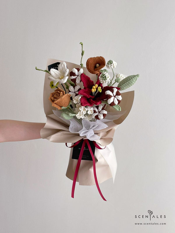 Threads of Love Crochet Flower Bouquet Crochet flower bouquet Crochet maroon lily, crochet brown rose, crochet white/khaki tulip, crochet white baby breath, crochet green baby breath, crochet cotton flower, crochet brown calla lily, crochet white small flower and crochet green line leaf
