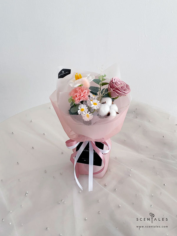 Cassatina Soap Flower Bouquet Soap flower bouquet with soap cappuccino rose, soap pink carnation, soap white bloom tulip, soap daisy, artificial leaf, cotton flower, bunny tail and plenty of cream whisk