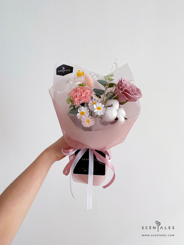 Cassatina Soap Flower Bouquet Soap flower bouquet with soap cappuccino rose, soap pink carnation, soap white bloom tulip, soap daisy, artificial leaf, cotton flower, bunny tail and plenty of cream whisk