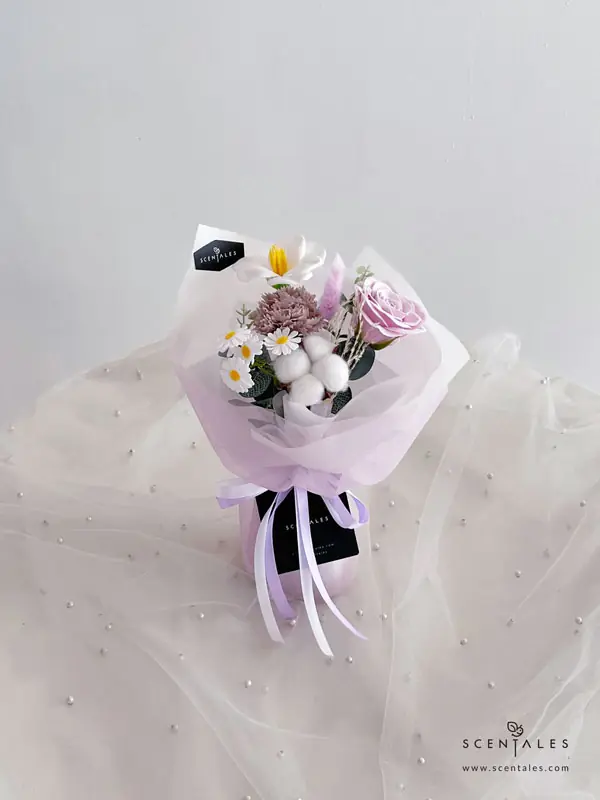 Cassatina Soap Flower Bouquet Soap flower bouquet with soap lilac rose, soap manta carnation, soap white bloom tulip, soap daisy, artificial leaf, cotton flower, bunny tail and plenty of cream whisk