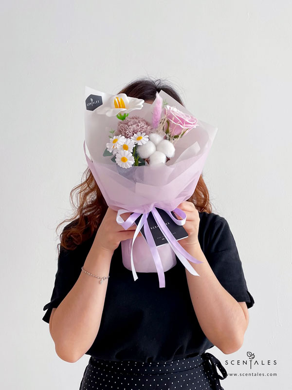 Cassatina Soap Flower Bouquet Soap flower bouquet with soap lilac rose, soap manta carnation, soap white bloom tulip, soap daisy, artificial leaf, cotton flower, bunny tail and plenty of cream whisk