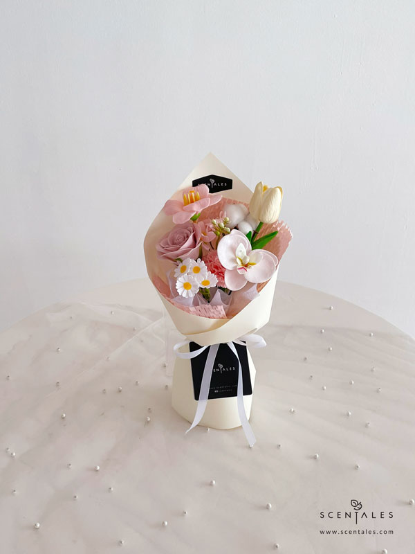 Gillian Soap Flower Bouquet Soap flower bouquet with soap rosy latte rose, soap pink carnation, soap pink bloom tulip, soap pink phalaenopsis, soap small daisy, soap pink begonia, artificial cream tulip and cotton flower