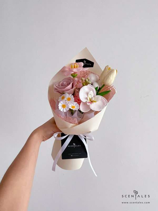 Gillian Soap Flower Bouquet Soap flower bouquet with soap rosy latte rose, soap pink carnation, soap pink bloom tulip, soap pink phalaenopsis, soap small daisy, soap pink begonia, artificial cream tulip and cotton flower