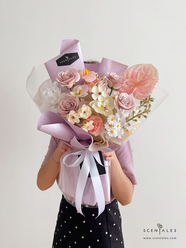 Hadley Soap Flower Bouquet Soap flower bouquet with soap rosy latte rose, soap pink carnation, soap pink bloom tulip, soap pink phalaenopsis, soap cream phalaenopsis, soap small daisy, soap pink begonia, soap cream sakura, soap white hydrangea, artificial matthiola, artificial pink anthurium and dried violet flower
