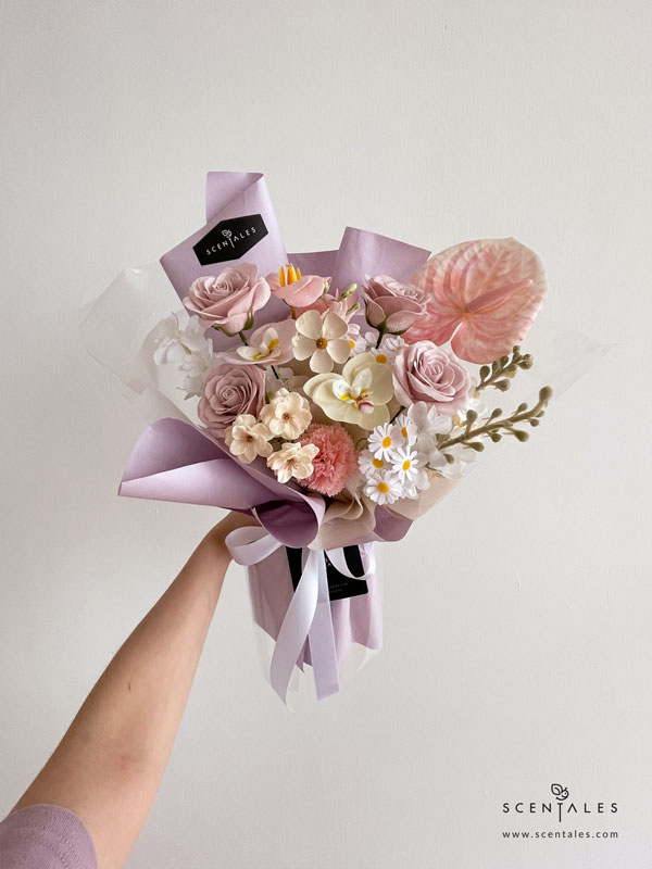 Hadley Soap Flower Bouquet Soap flower bouquet with soap rosy latte rose, soap pink carnation, soap pink bloom tulip, soap pink phalaenopsis, soap cream phalaenopsis, soap small daisy, soap pink begonia, soap cream sakura, soap white hydrangea, artificial matthiola, artificial pink anthurium and dried violet flower