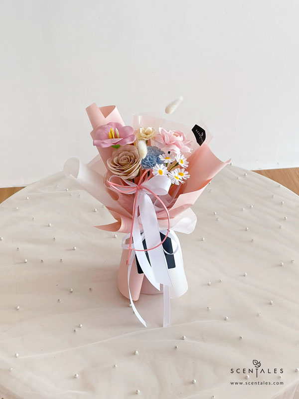 Letitia Soap Flower Bouquet Soap flower bouquet with soap light khaki rose, soap lilac bloom tulip, soap pink ranunculus, soap small daisy, soap light blue carnation, soap cream sakura and bunny tail