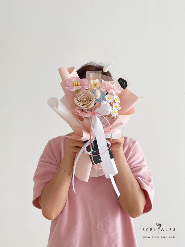 Letitia Soap Flower Bouquet Soap flower bouquet with soap light khaki rose, soap lilac bloom tulip, soap pink ranunculus, soap small daisy, soap light blue carnation, soap cream sakura and bunny tail